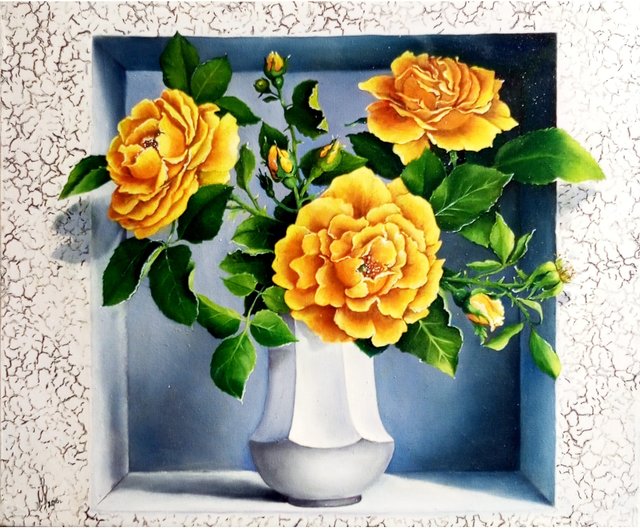 バラのある静物画、油絵、サイズ 40cm x 50cm 油彩、キャンバス