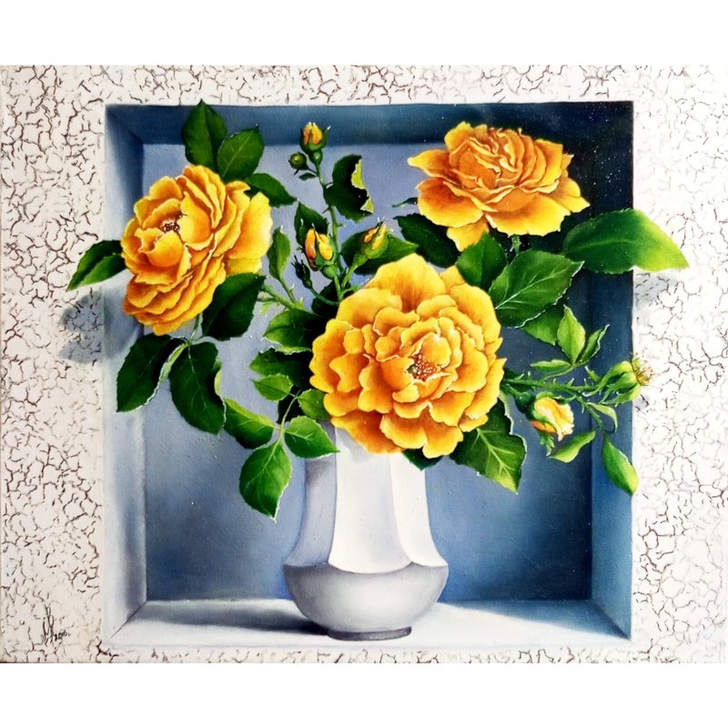 静物画与玫瑰。油画。尺寸16x20英寸帆布油。 - 海報/掛畫/掛布 - 其他材質 黃色