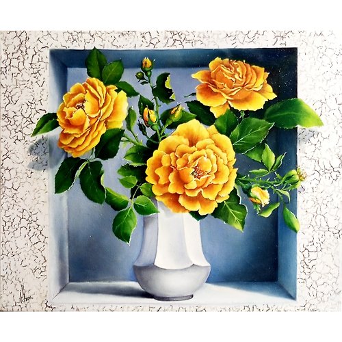 藝術家瑪麗娜藝術 静物画与玫瑰。油画。尺寸16x20英寸帆布油。