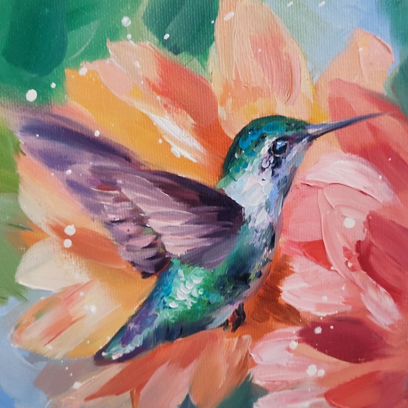 Hummingbird Oil Painting Bird Small Art Bird Artwork Flower Painting Bird Art - 壁貼/牆壁裝飾 - 其他材質 粉紅色