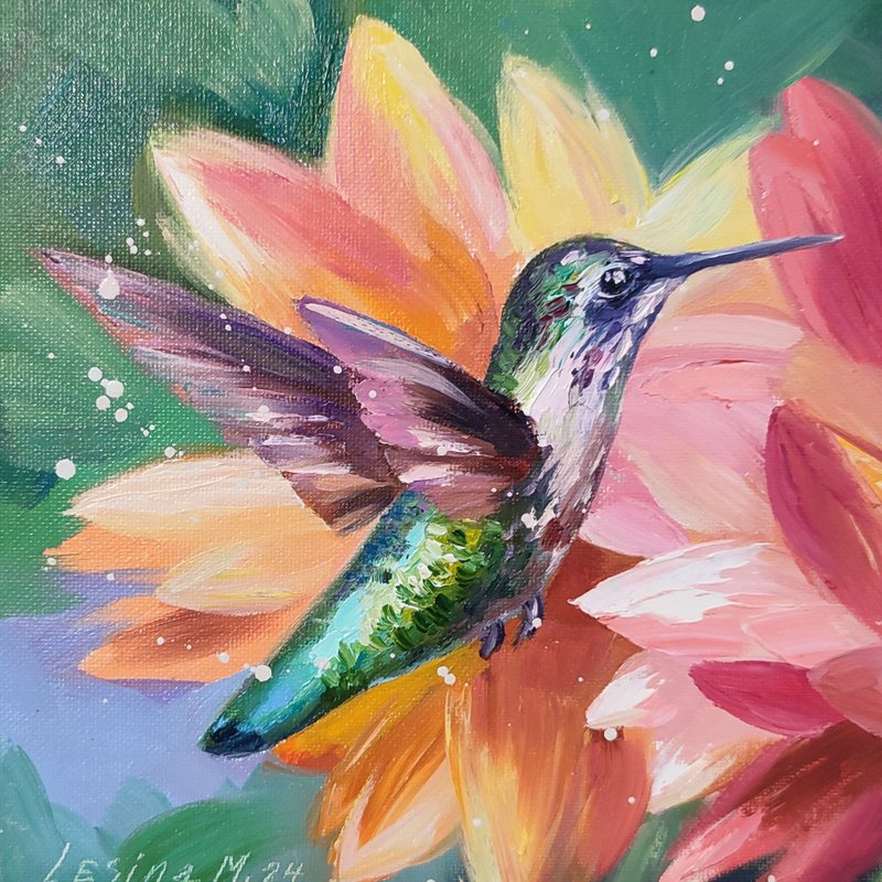 Hummingbird Oil Painting Bird Small Art Bird Artwork Flower Painting Bird Art - 壁貼/牆壁裝飾 - 其他材質 粉紅色