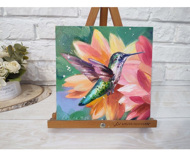 ハチドリの油絵鳥の小さなアート鳥のアートワーク 花の絵画鳥の