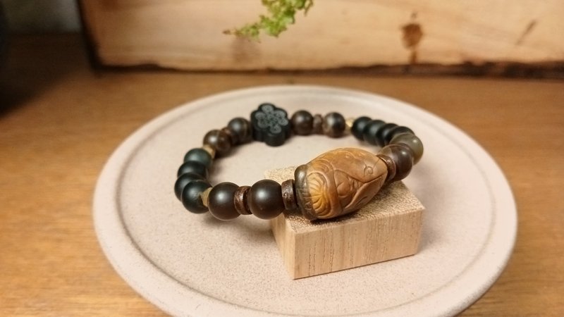 珠串雕刻手鍊 - 蟬 臺灣黃金碧玉+黑曜石+木化玉+銅/霧面可把玩 - 手鍊/手環 - 玉石 橘色