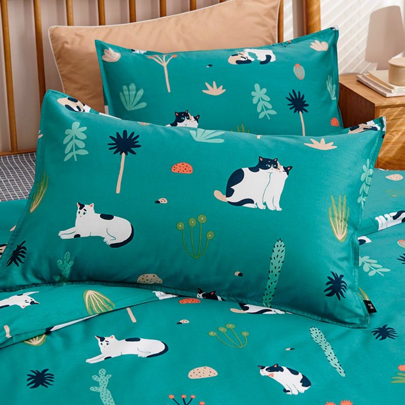 Verdant Meow Single Double Bed Single/Bed Pack Hand-painted Cat 40pcs Pure Cotton Bedding Pillowcase Duvet Cover Purchased Separately - เครื่องนอน - ผ้าฝ้าย/ผ้าลินิน สีเขียว