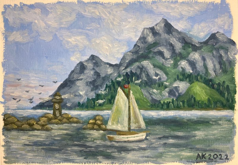Sailing Day oil painting, nature illustration, yacht, mountains, sea - 壁貼/牆壁裝飾 - 其他材質 藍色