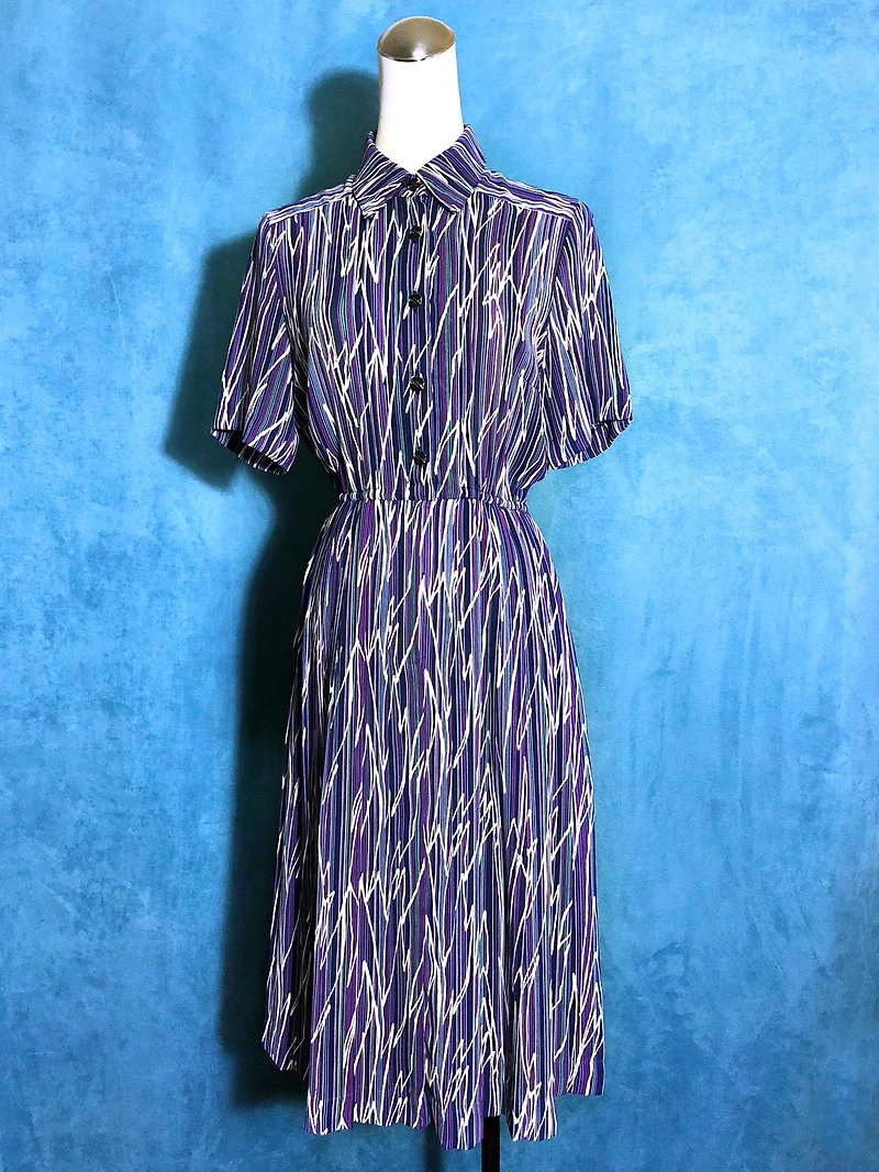 Totem stripe short-sleeved vintage dress / Bring back VINTAGE abroad - ชุดเดรส - เส้นใยสังเคราะห์ สีน้ำเงิน