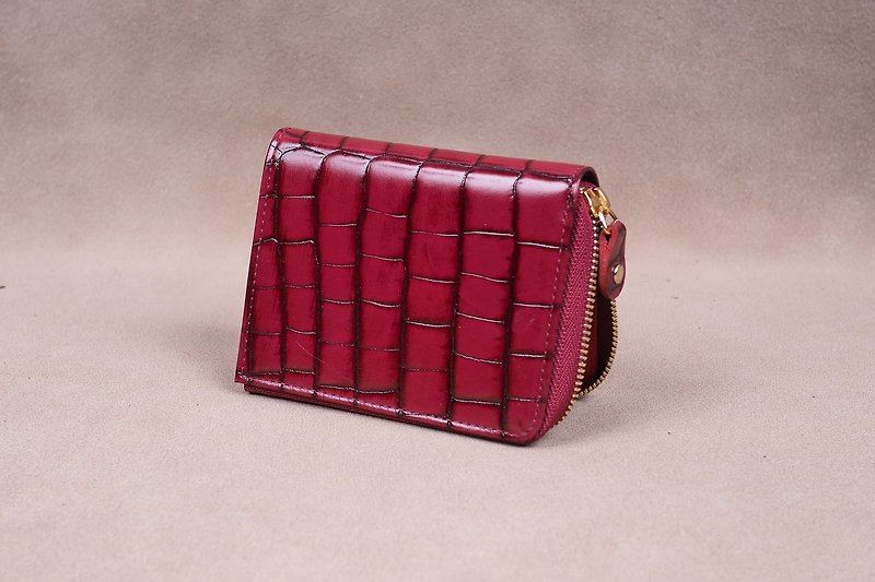 Zipper Wallet / Coin Wallet / Italy Crocodile Cow Leather(Red)