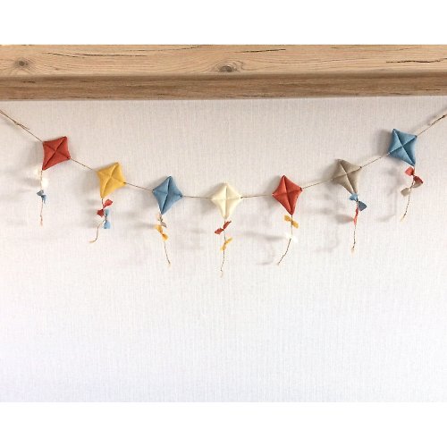 Anelle Toys Linen kite garland, Nursery wall decor, Blue gray mustard terracotta garland