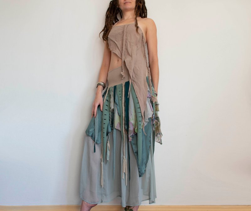 Sage green summer festival skirt, long skirt with braids, dance costume - 裙子/長裙 - 其他材質 綠色