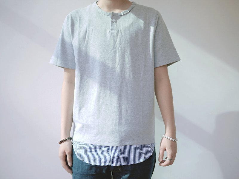 Longline tee with patchwork layer button up collar /cotton/shirt/henley - Men's T-Shirts & Tops - Other Materials 