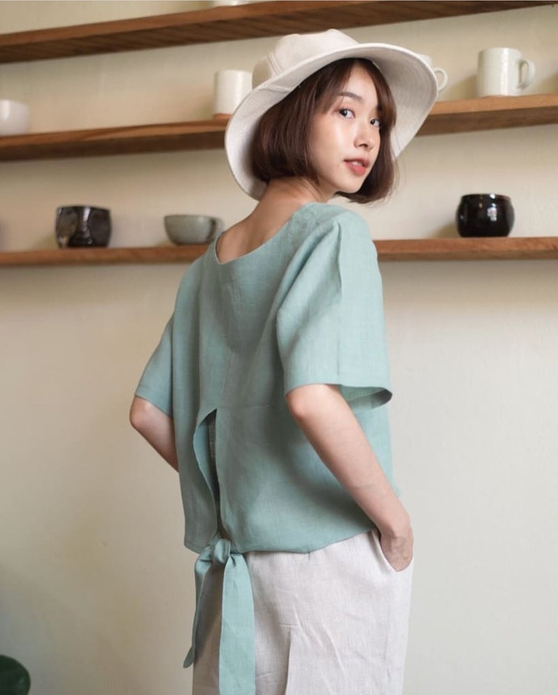 RIBBON CROP TOP - Green - 女上衣/長袖上衣 - 棉．麻 綠色