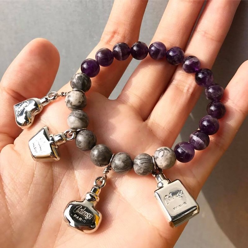 【Lost and find】 natural stone amethyst Picasso stone perfume bracelet - Bracelets - Gemstone Purple