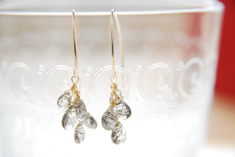 Marquis hook earrings with small tourmaline quartz 14kgf - Earrings & Clip-ons - Gemstone Black