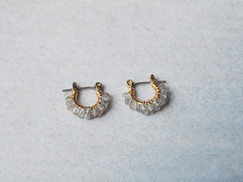 Labradorite wrapped mini hoop pierced earrings / clip on earrings - Earrings & Clip-ons - Semi-Precious Stones Gray