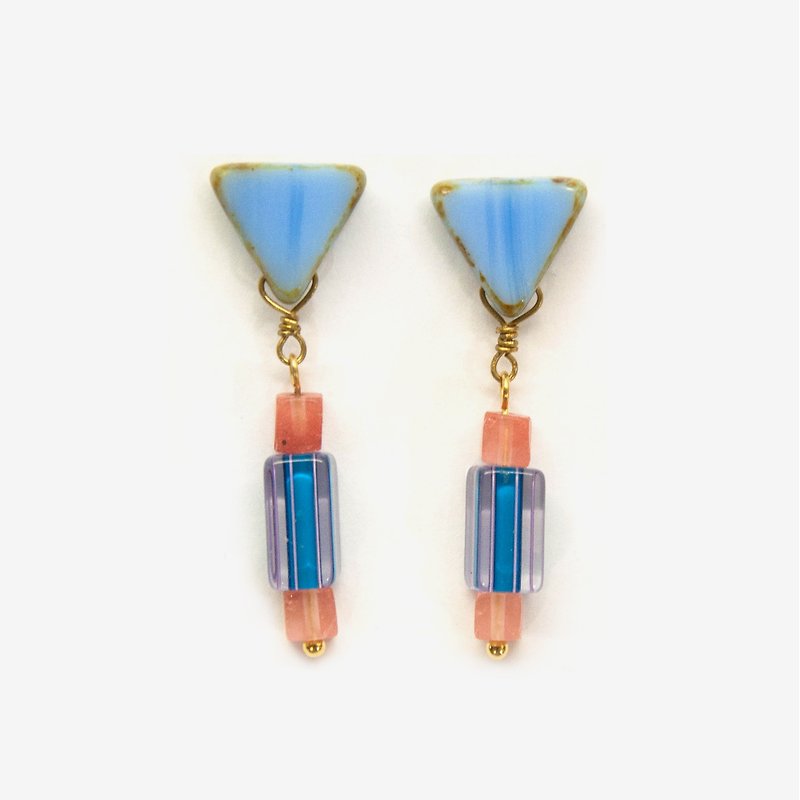 [Indigo] Blue Triangle beads and Handmade Furnace Glass Beaded Earrings - ต่างหู - โลหะ สีน้ำเงิน