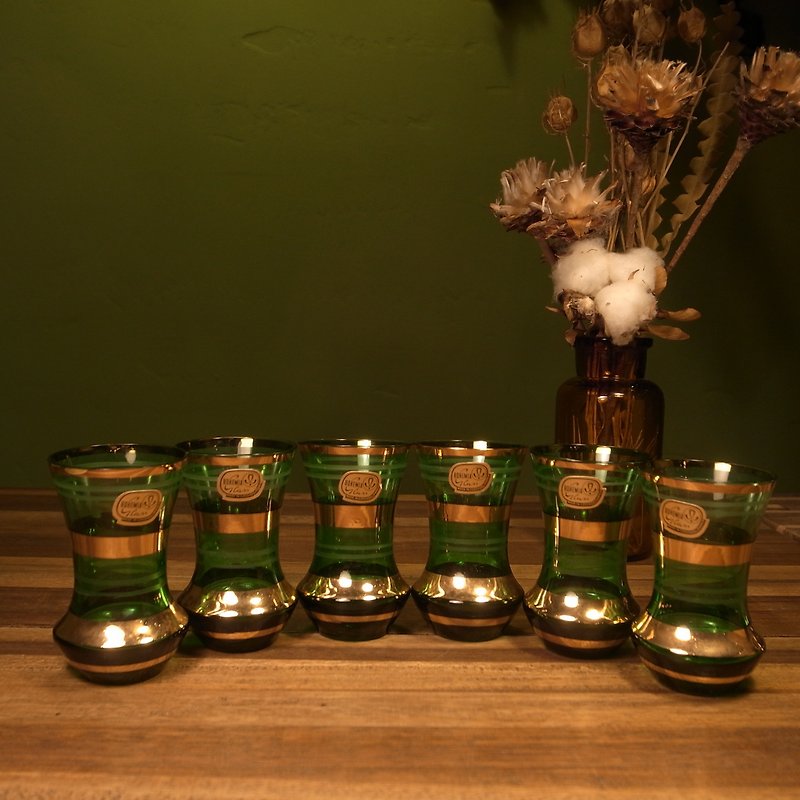 Old bone BOHEMIA green gold-rimmed glass VINTAGE RETO - Cups - Glass Green