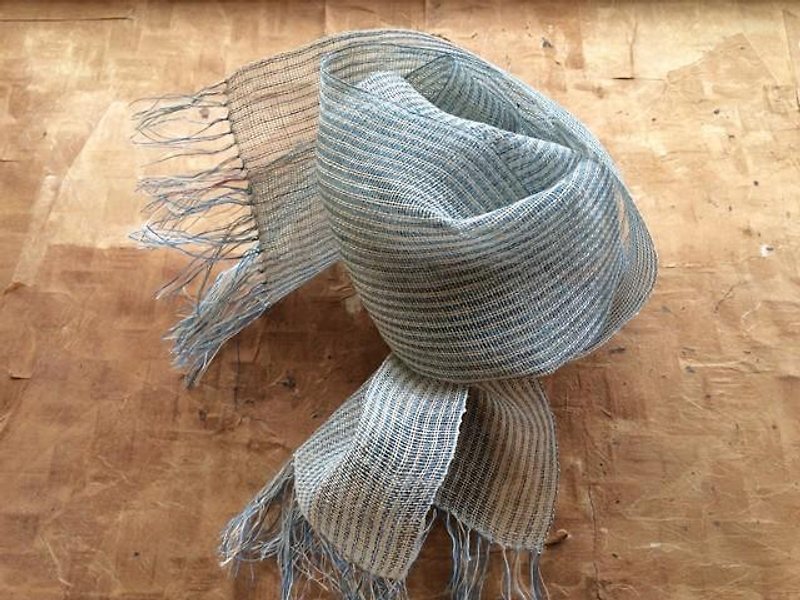 線麻手工編織絲巾 條紋 Q - 絲巾 - 棉．麻 藍色
