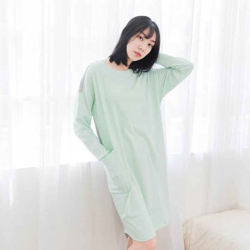 UMORFIL膠原蛋白口袋連身居家服-麻花綠 - 睡衣/居家服 - 棉．麻 綠色