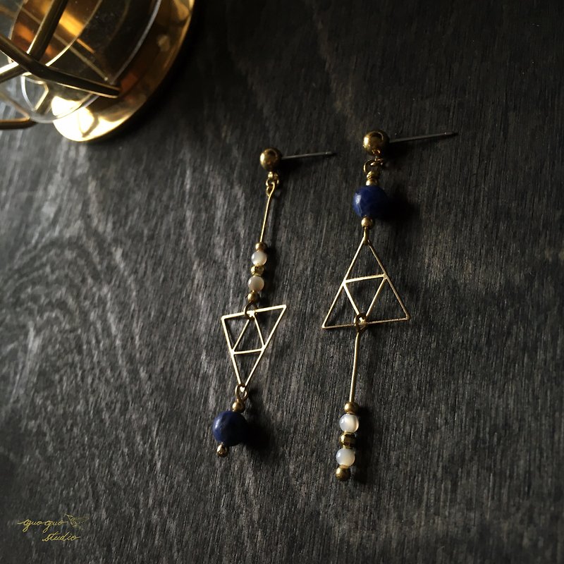 三角礦石耳環 耳夾 藍紋石耳環 - 耳環/耳夾 - 銅/黃銅 藍色