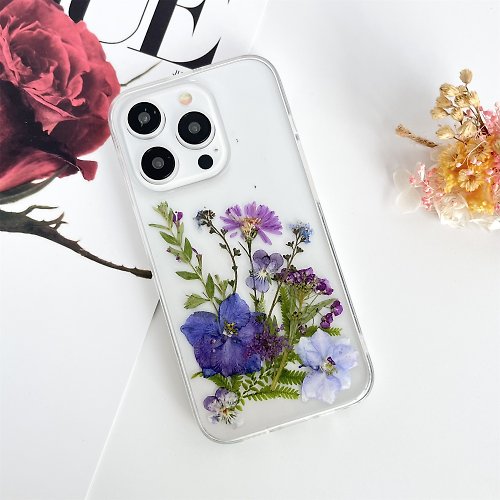 FeimeiPresents 靛藍色紫苑 飛燕草花手作押花手機殼 適用於iPhone Samsung Sony
