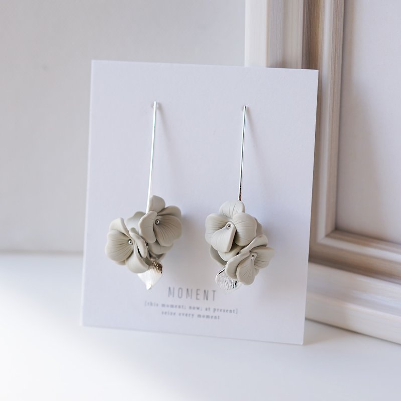 Ayla original design handmade soft clay three-dimensional flower pendant 925 sterling silver earrings - Earrings & Clip-ons - Pottery White