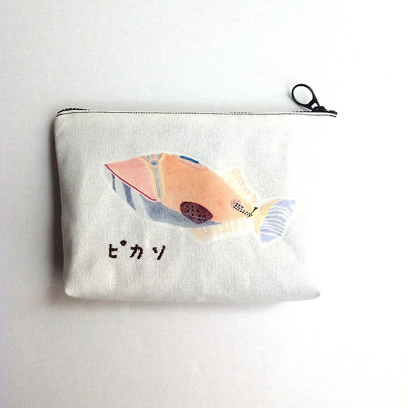 【Color Pencil Hand-Painted】Picassofish Pouches_ピカソ - Toiletry Bags & Pouches - Cotton & Hemp White