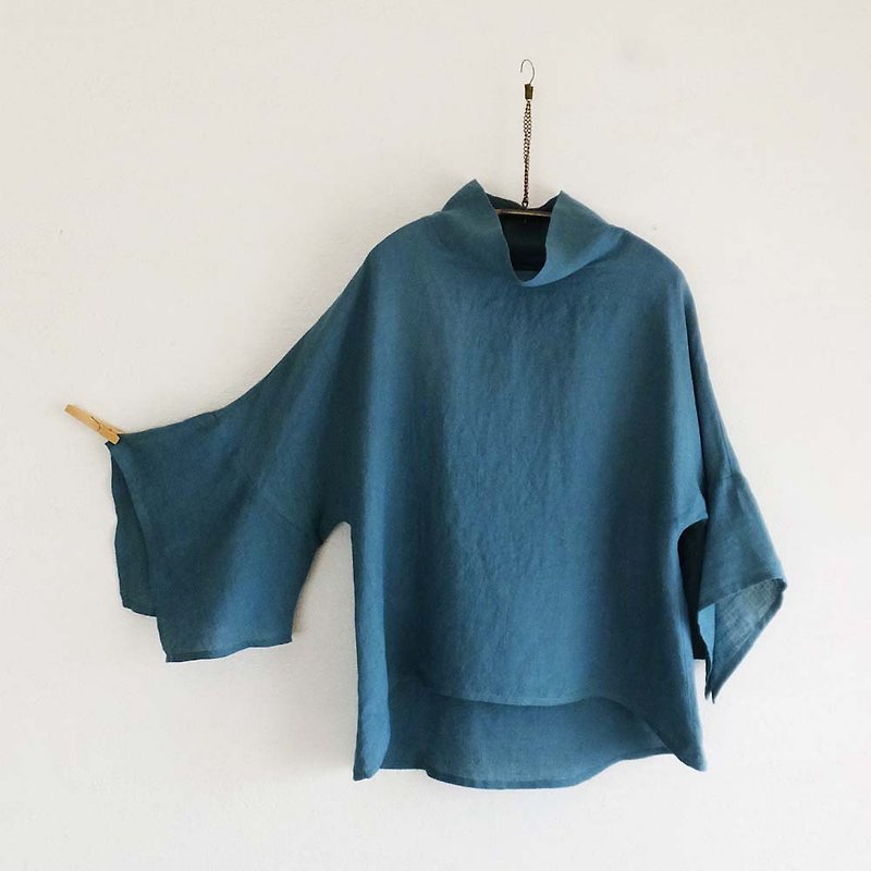 linen ruffle sleeve pullover 2way collar 　Antique blue green - เสื้อผู้หญิง - ผ้าฝ้าย/ผ้าลินิน สีเขียว