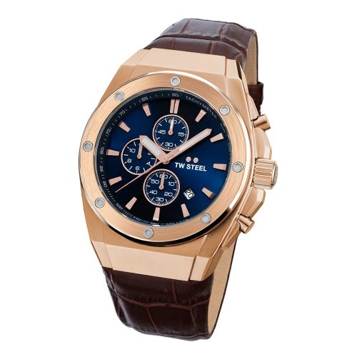 TW Steel Watches 下單即贈品牌籃球 CEO TECH系列 玫瑰金藍面計時碼錶