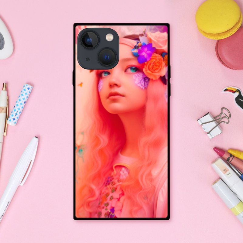 ゆめかわいいコーラルピンクでメルヘンチックな女の子と花 スクエア型スマホケース【強化ガラス仕上げ】iPhone16 対応 - 手機殼/手機套 - 塑膠 多色