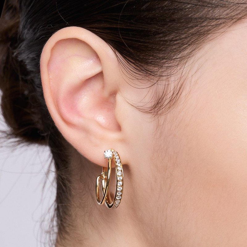 雙環寶石耳夾 925銀厚鍍18K金 Inclusivo  EarClip - 耳環/耳夾 - 寶石 金色