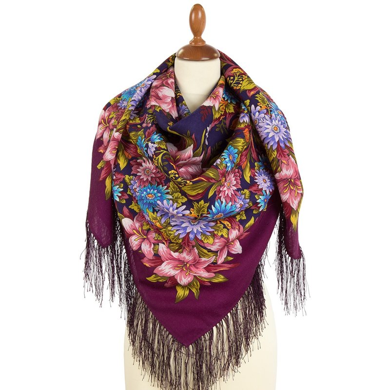 Pavlovo Posad Russian Shawl 100% Wool Scarf 125x125 cm Wrap Silk Fringe 1987-15 - 絲巾 - 羊毛 紫色