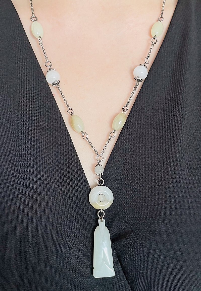 Sterling Silver Wong Zhong Necklace with Khotan White Jade Carved [Jade's Attitude] - Necklaces - Jade Green