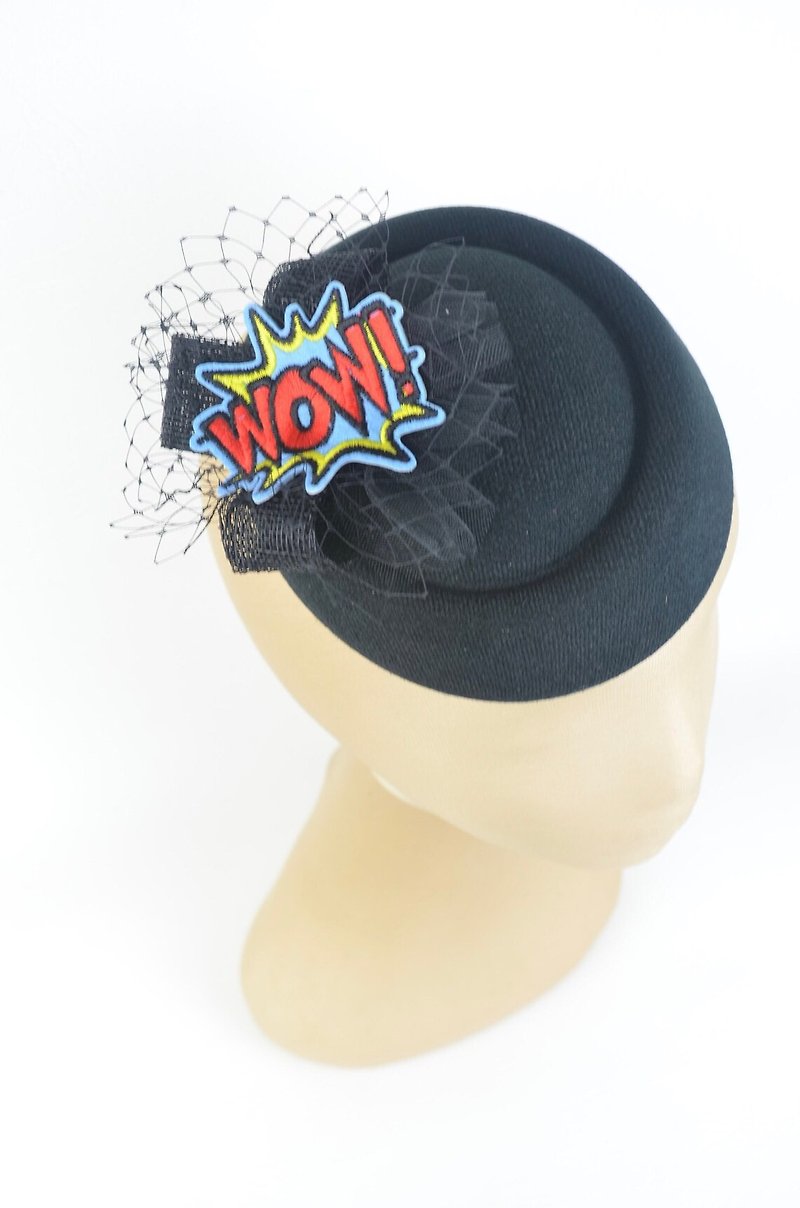 Headpiece Hat Comics Wow! with Black Veil Mini Fascinator Geek Nerd Chic Fun - Hair Accessories - Other Materials Black