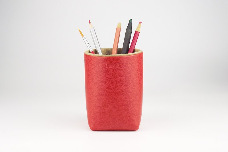 皮革帆布筆筒 桌面收納 紅色 - 筆筒/筆座 - 人造皮革 紅色