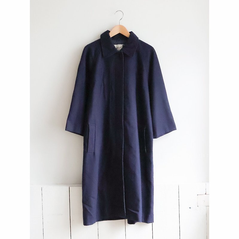 Winter retro tailoring plaid stitching dark blue thin vintage coat - เสื้อแจ็คเก็ต - ขนแกะ สีน้ำเงิน