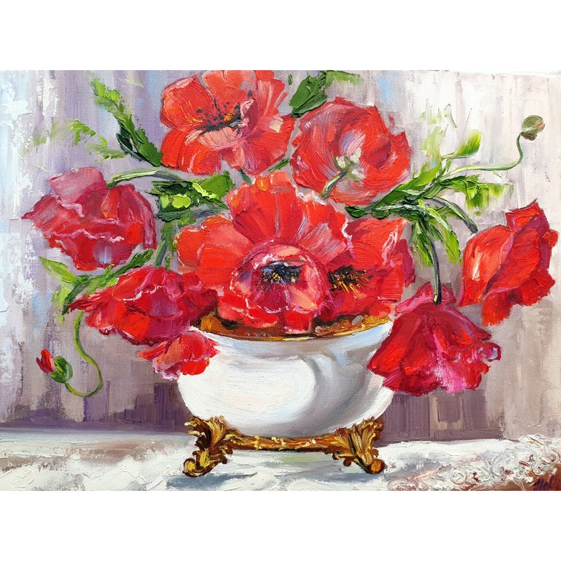 Poppies Painting Floral Oil Original Art Flower Artwork Home Decoration Art - 海報/掛畫/掛布 - 其他材質 紅色