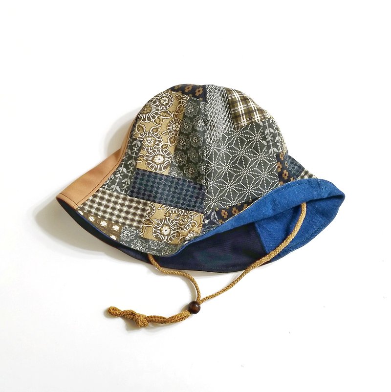 小牛村 手工帽子 雙面遮陽帽 大地色拼接【和風大地】 - 帽子 - 棉．麻 卡其色