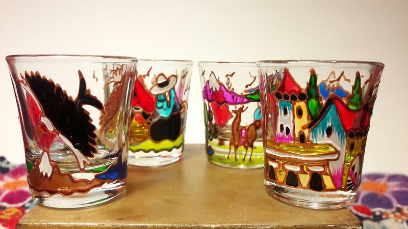 Peru Cusquenian landscape glass - small / 4 sets of cups - Teapots & Teacups - Glass Multicolor
