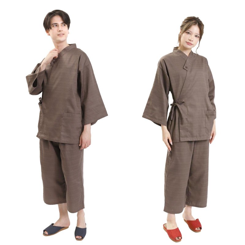 日本 和服 作務衣 套裝 日式 休閒 室內服 甚平 睡衣 S/F/LL 棕色 - 睡衣/居家服 - 棉．麻 咖啡色