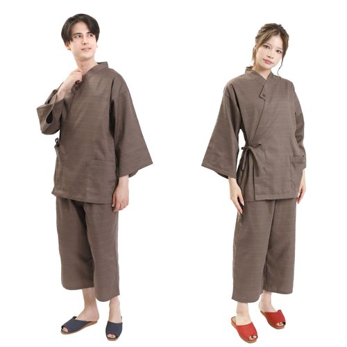 fuukakimono 日本 和服 作務衣 套裝 日式 休閒 室內服 甚平 睡衣 S/F/LL 棕色