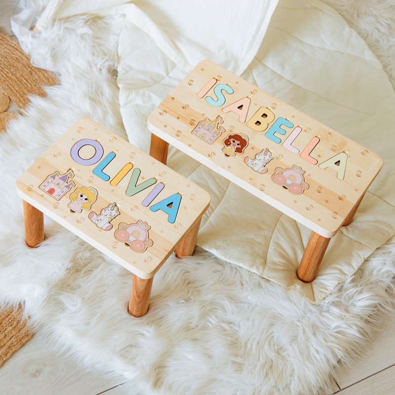 Custom Name Puzzle Stool Puzzle Step Stool First Birthday Gift Baby - เฟอร์นิเจอร์เด็ก - ไม้ 