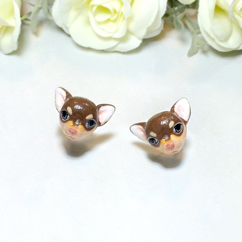 Chihuahua Dog Earrings, Dog Stud Earrings, dog lover gifts - 耳環/耳夾 - 黏土 咖啡色