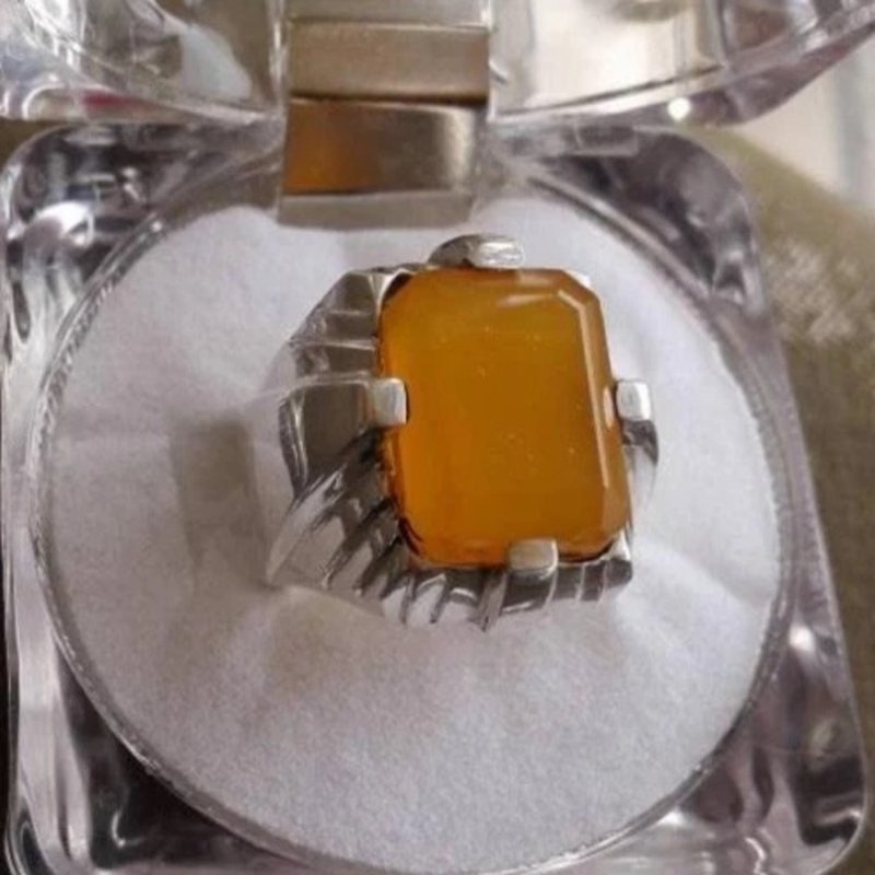 Yellow agate aqeeq emerald cut Sterling silver ring square aqeeq ring - 戒指 - 寶石 黃色