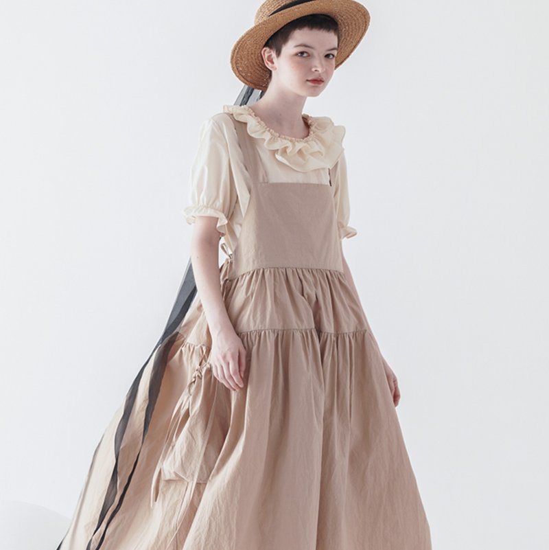 Big pocket khaki solid color suspender skirt-imakokoni - One Piece Dresses - Cotton & Hemp Khaki