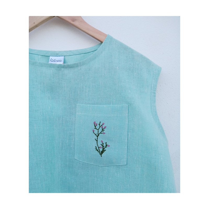 Mint blue linen shirt with flower lover embroidery - Women's Tops - Cotton & Hemp Blue