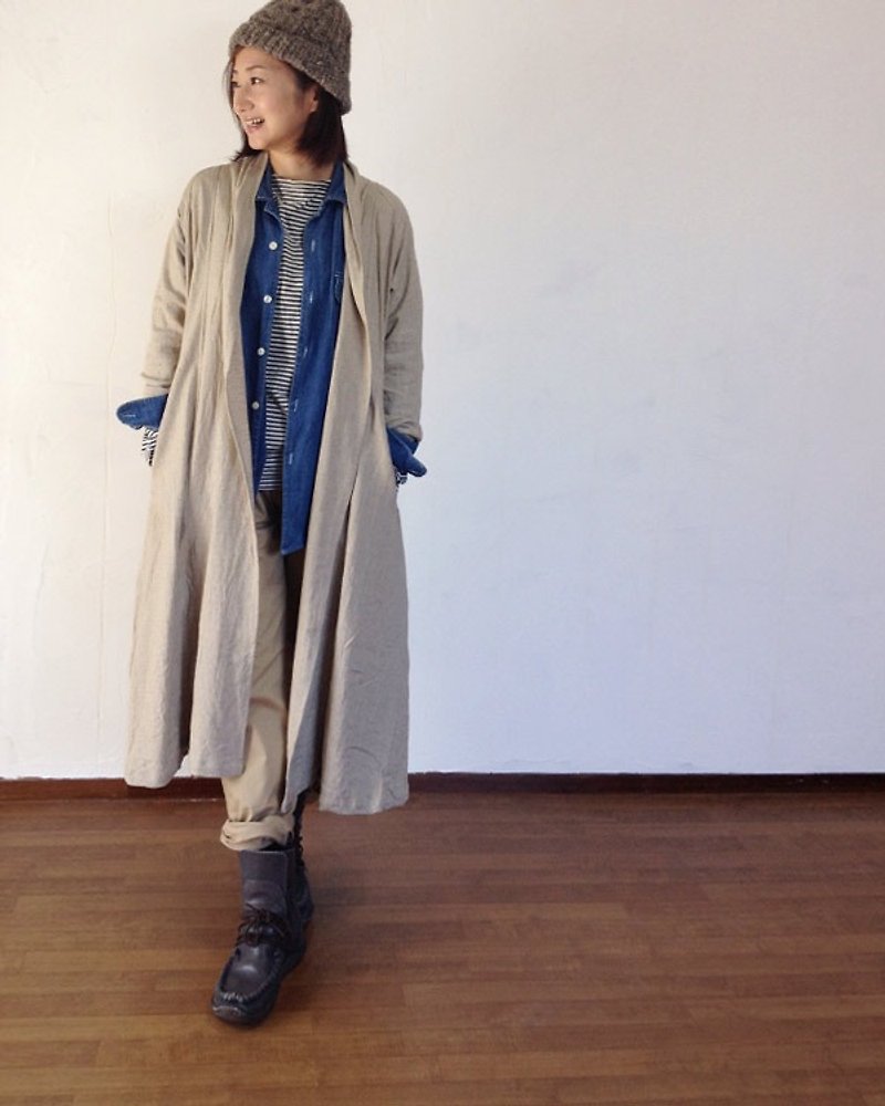Slab linen 100% Raglan sleeve drape robe coat　beige - ブレザー・コート - コットン・麻 