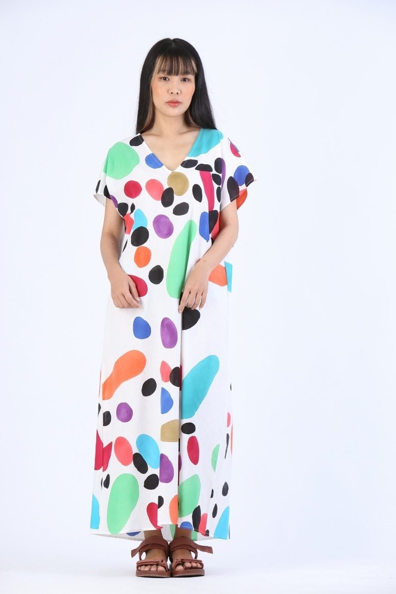 Hand Painted Linen Kaftan V Nack for Summer Resort Vacation- Free Size - 洋裝/連身裙 - 棉．麻 多色
