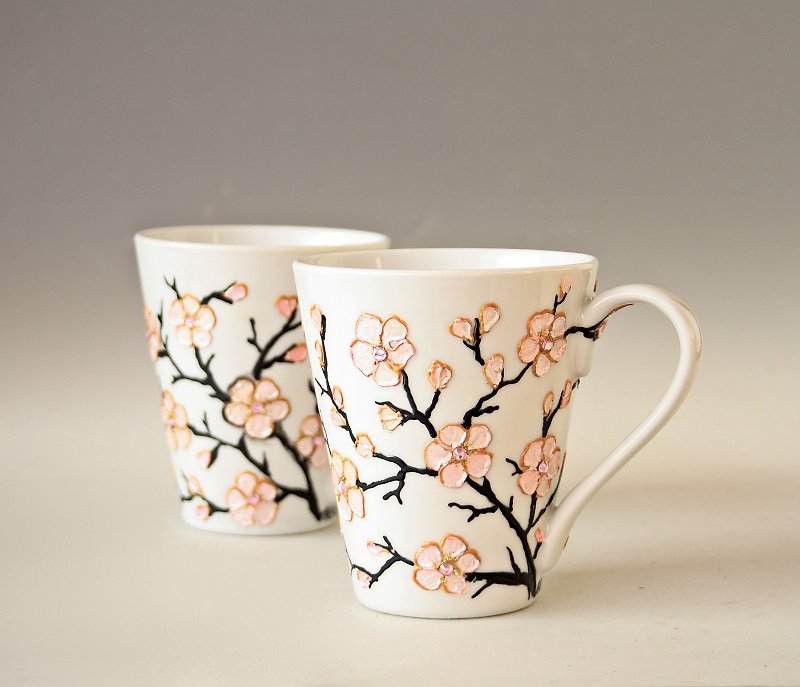 Ceramic Cups Tea Coffee Sakura Chery Blossom, Hand Painted Set of 2 - 咖啡杯 - 陶 粉紅色