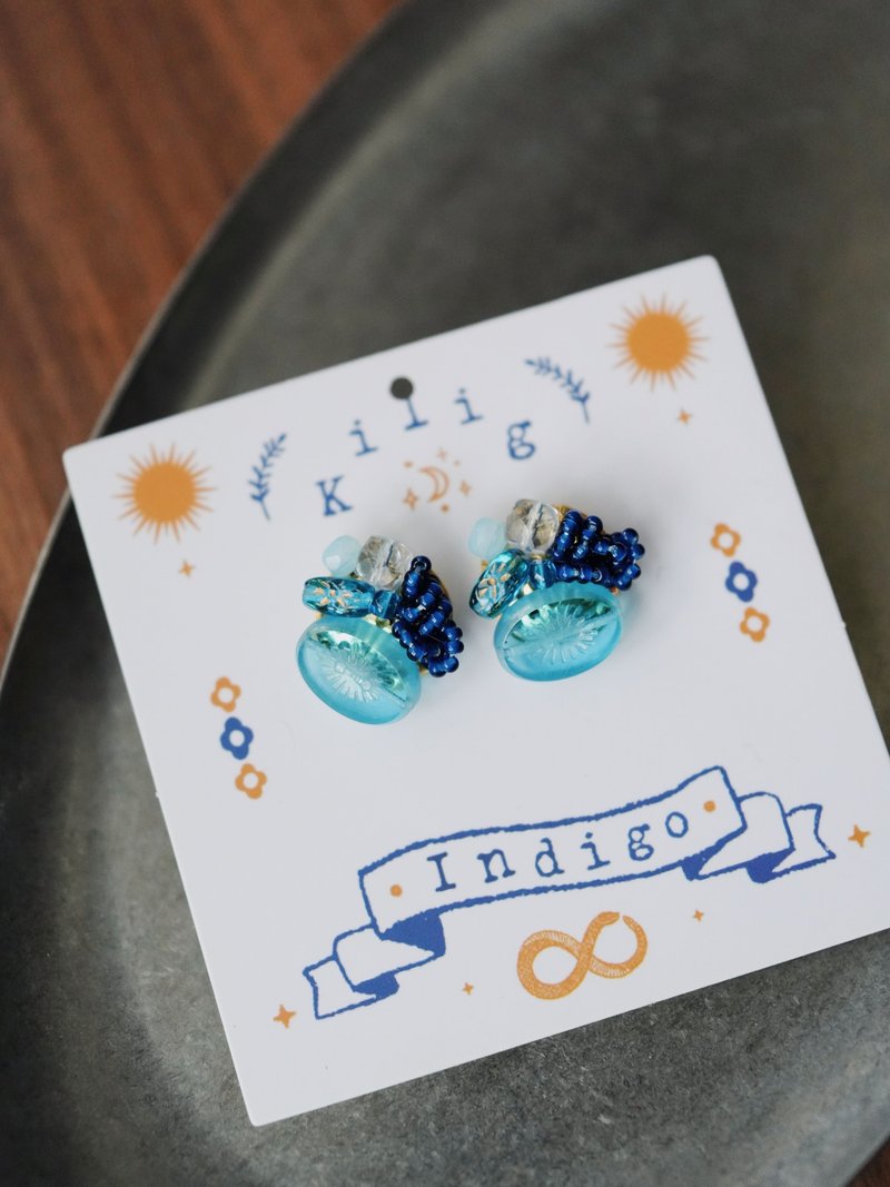 [Flowers and Alice] Navy blue original light retro Japanese color handmade earrings, earrings, replaceable Clip-On - ต่างหู - วัสดุอื่นๆ สีน้ำเงิน