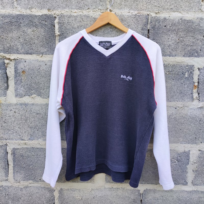 Vintage 90s Bad boy Japanese Brand V Neck Embroidered Sweatshirt - 男毛衣/針織衫 - 棉．麻 藍色